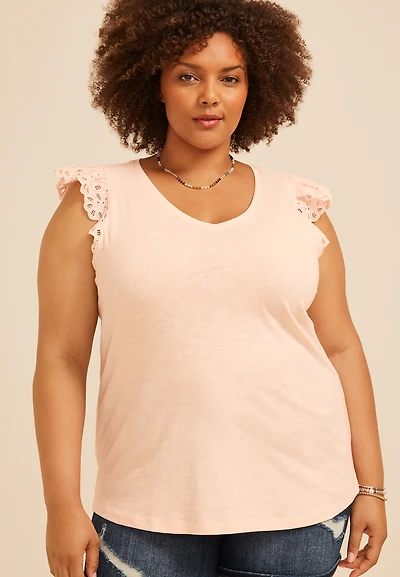 Plus Eyelet Flutter Sleeve Tee