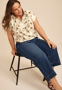 Plus Floral Notch Neck Flutter Sleeve Blouse