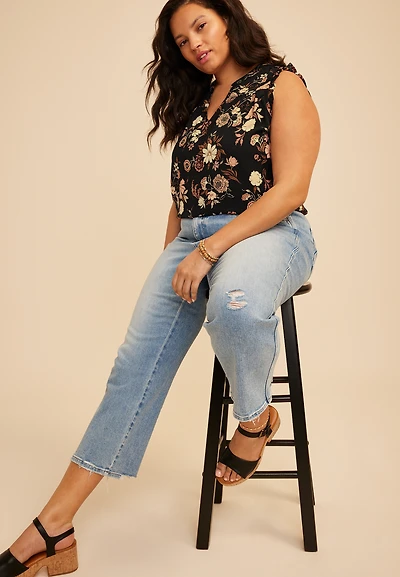 Plus Floral V Neck Ruffle Sleeve Tank Top