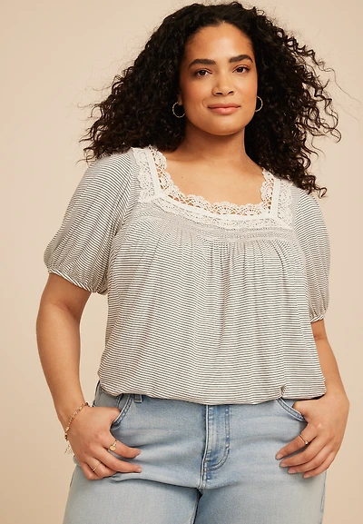 Plus Lace Trim Square Neck Short Sleeve Top
