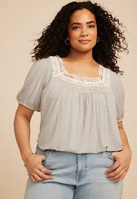 Plus Lace Trim Square Neck Short Sleeve Top