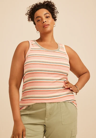 Plus 24/7 Striped Ribbed Scoop Neck Tank Top