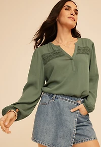 Crochet Trim Split Neck Long Sleeve Blouse
