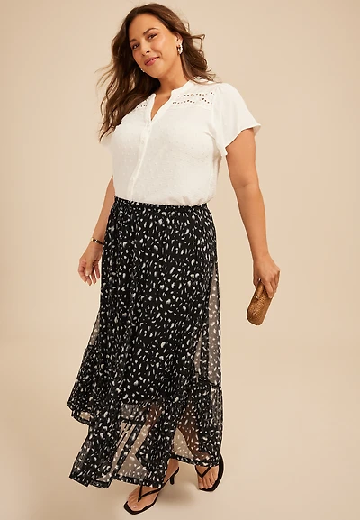 Plus Printed Mesh Tiered Midi Skirt