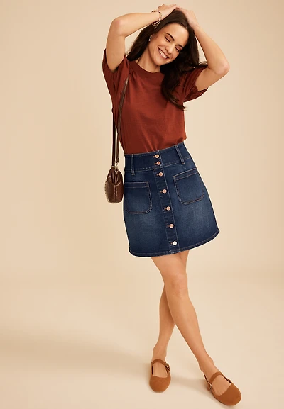 Dark High Rise Double Button Denim Mini Skirt