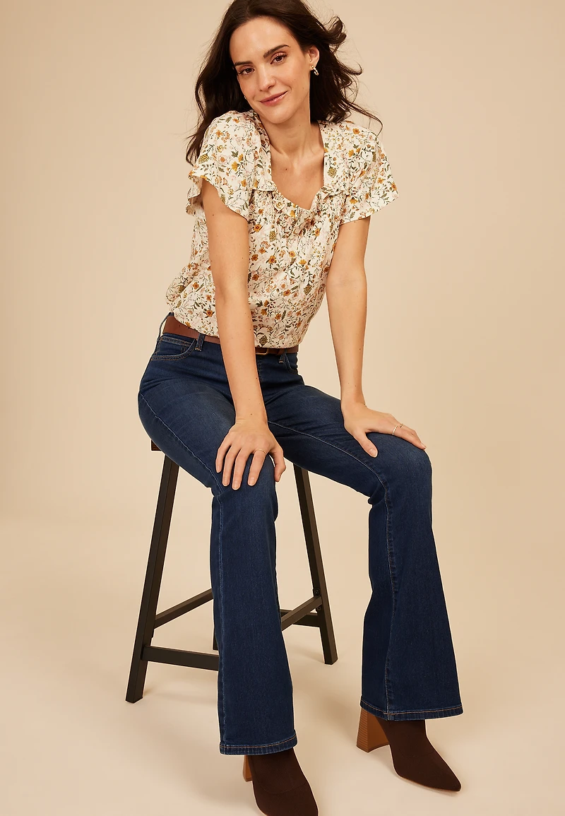 Floral Ruffle Trim Henley Top
