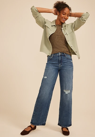 edgely™ High Rise Open Ripped Adjustable Waist Wide Leg Jean
