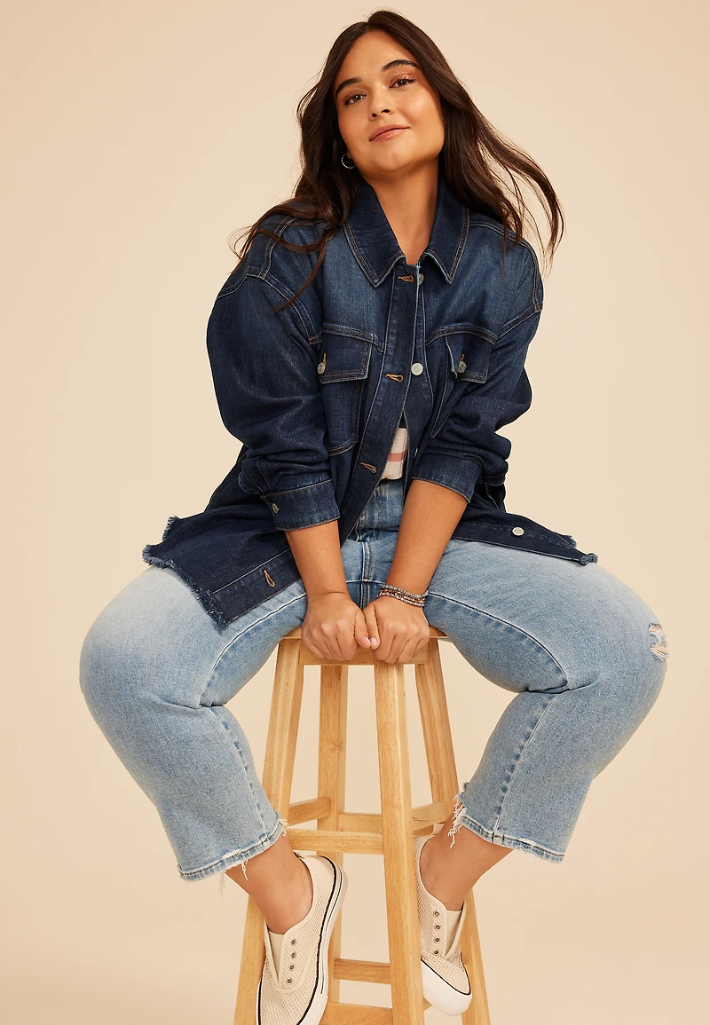 Plus Dark Denim Fray Hem Oversized Shacket