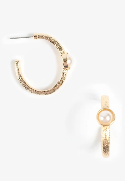 Gold Textured Faux Pearl Hoop Earrings