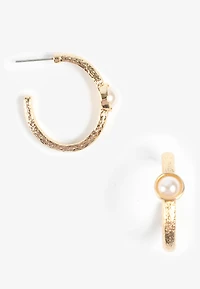 Gold Textured Faux Pearl Hoop Earrings