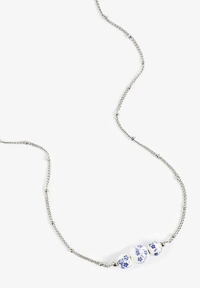 Silver Blue Floral Ceramic Beaded Necklace