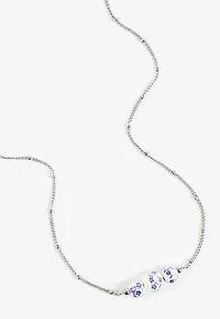 Silver Blue Floral Ceramic Beaded Necklace