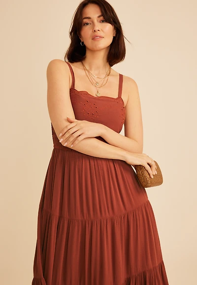 Bare Embroidered Eyelet Tiered Midi Dress
