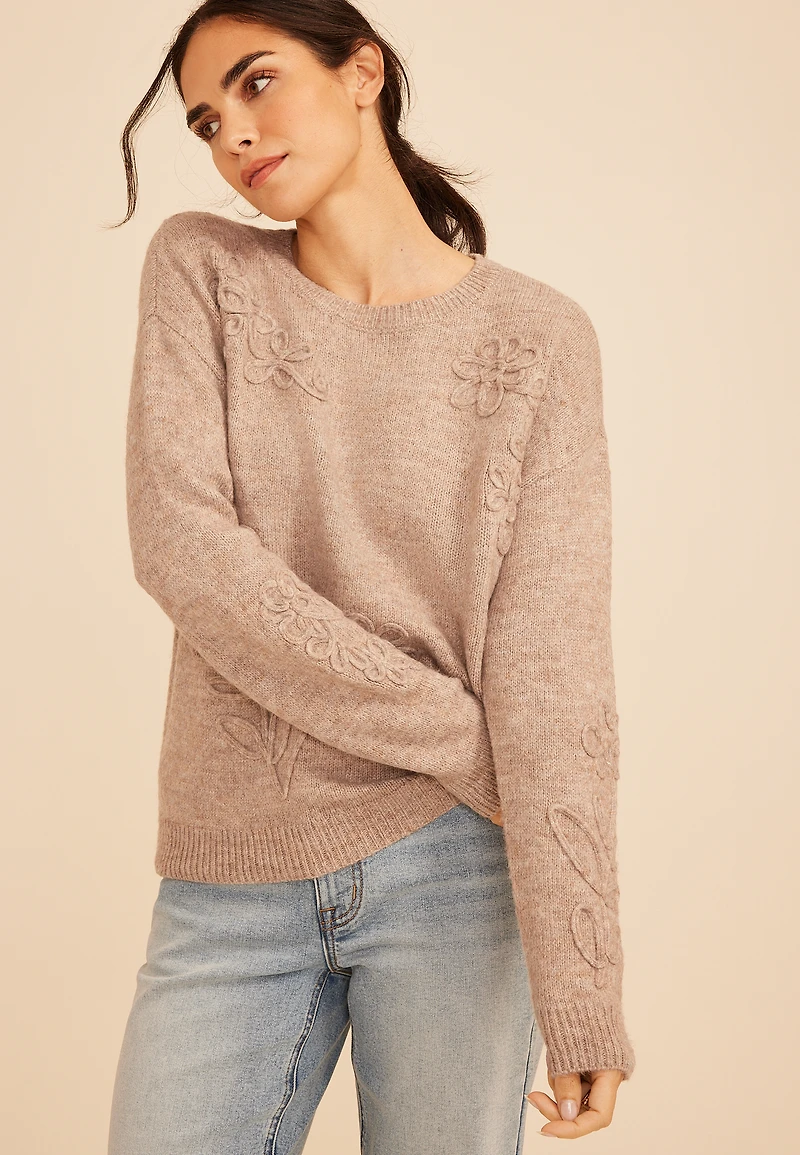 Floral Applique Crew Neck Sweater