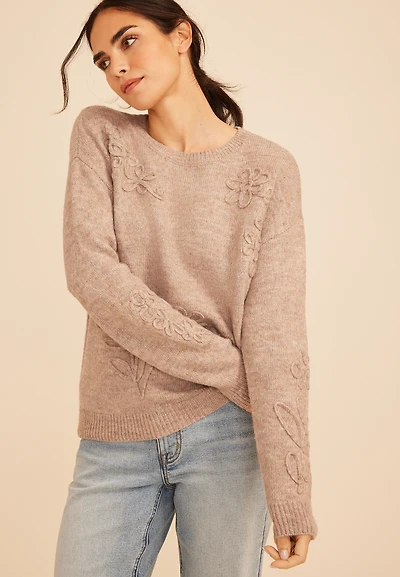 Floral Applique Crew Neck Sweater