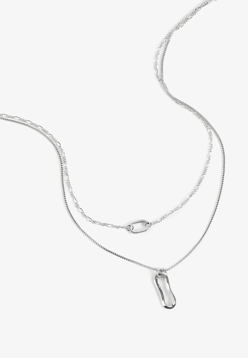 Silver Wavy Ovals Layered Pendant Necklace Set