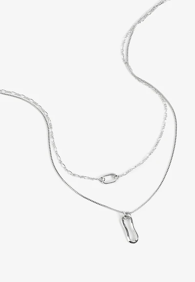 Silver Wavy Ovals Layered Pendant Necklace Set