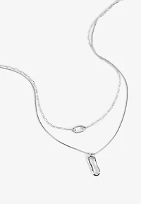 Silver Wavy Ovals Layered Pendant Necklace Set