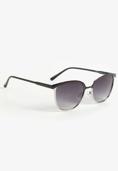 Black Enamel Silver Metal Round Sunglasses