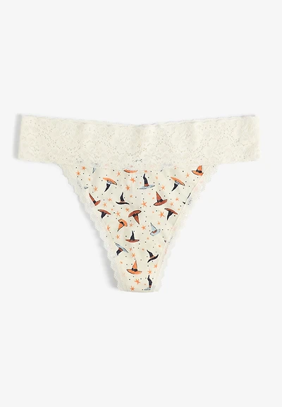 Simply Comfy Cotton Witch Hat Print Thong Panty