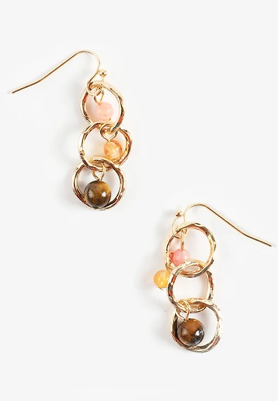 Gold Circle Link Triple Bead Drop Earrings