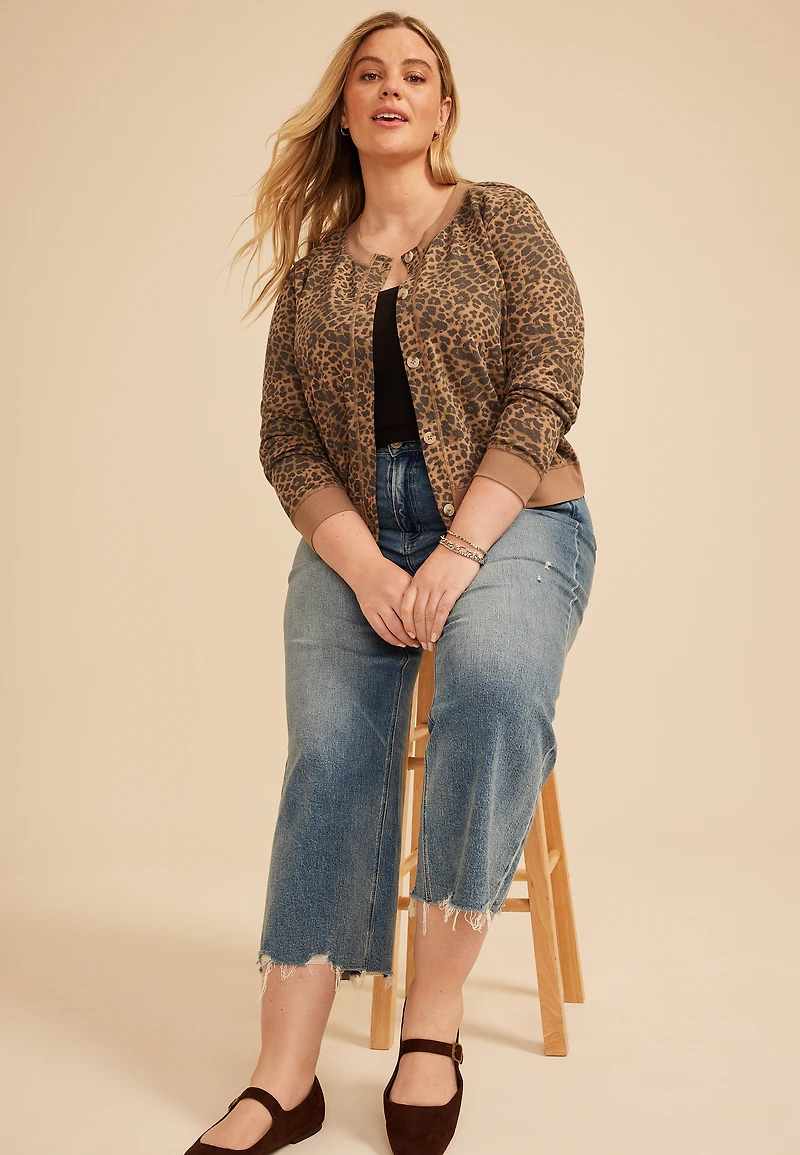Plus Washed Terry Leopard Button Front Cardigan