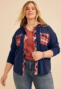 Plus Plaid Hood Waffle Knit Shacket