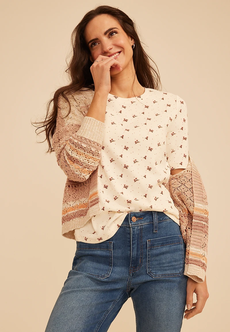 24/7 Floral Ribbed Elbow Sleeve Tee