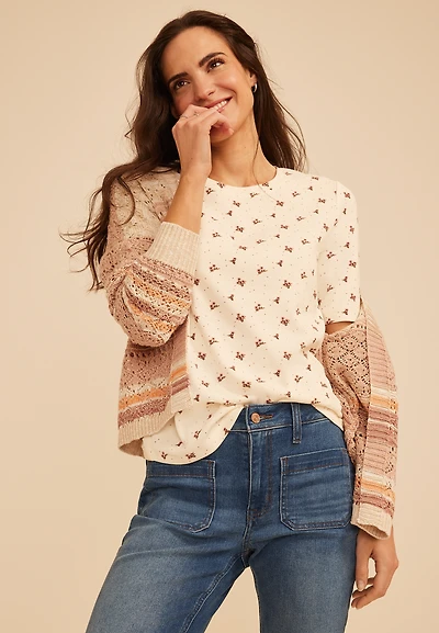 24/7 Floral Ribbed Elbow Sleeve Tee