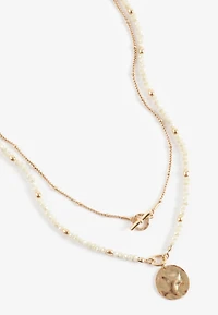Gold Disc Charm Layered Beaded Necklace
