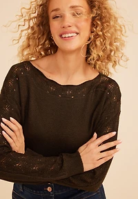 Lace Pointelle Trim Boat Neck Sweater