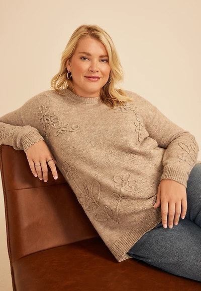 Plus Floral Applique Crew Neck Sweater