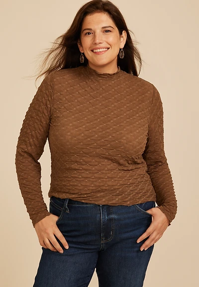 Plus Textured Mesh Mock Neck Top