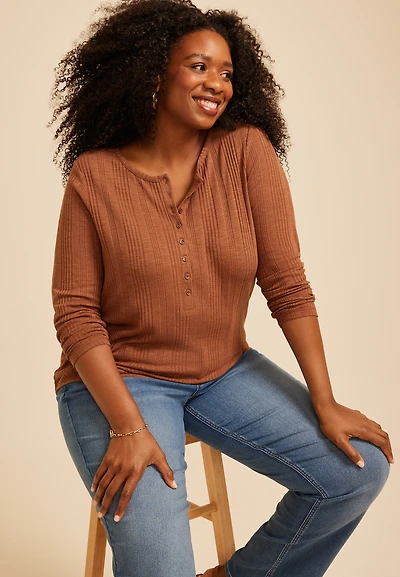 Plus Variegated Rib Henley Long Sleeve Top