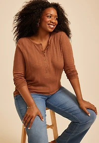 Plus Variegated Rib Henley Long Sleeve Top