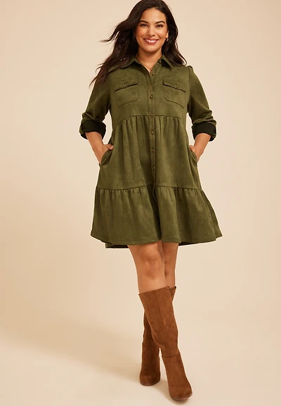 Plus Faux Suede Tiered Babydoll Dress