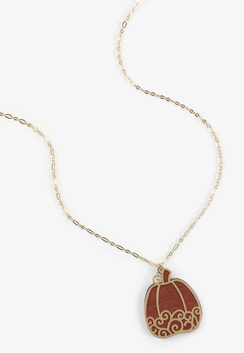 Wood Pumpkin Pendant Necklace