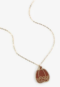 Wood Pumpkin Pendant Necklace