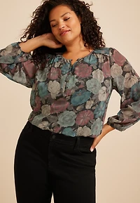Plus Floral Chiffon Henley Blouse