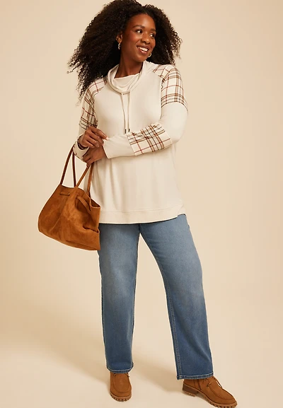 Plus Haven Plaid Mix Cowl Neck Top