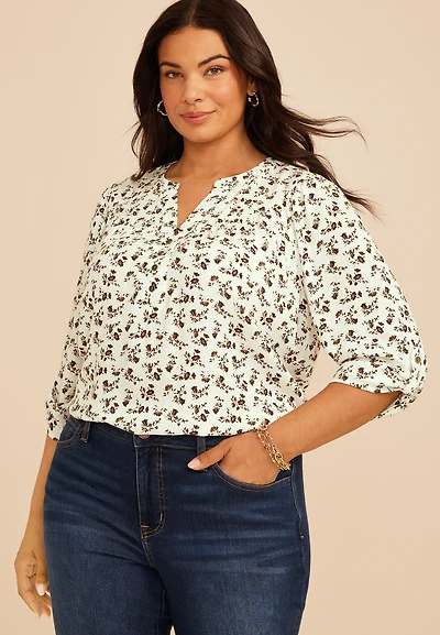 Plus Floral Henley Peasant Blouse
