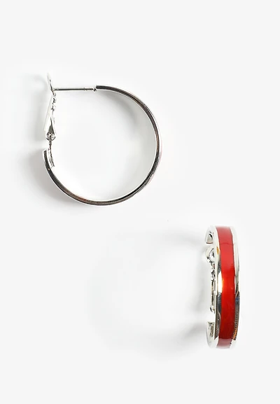 Silver And Red Enamel Hoop Earrings