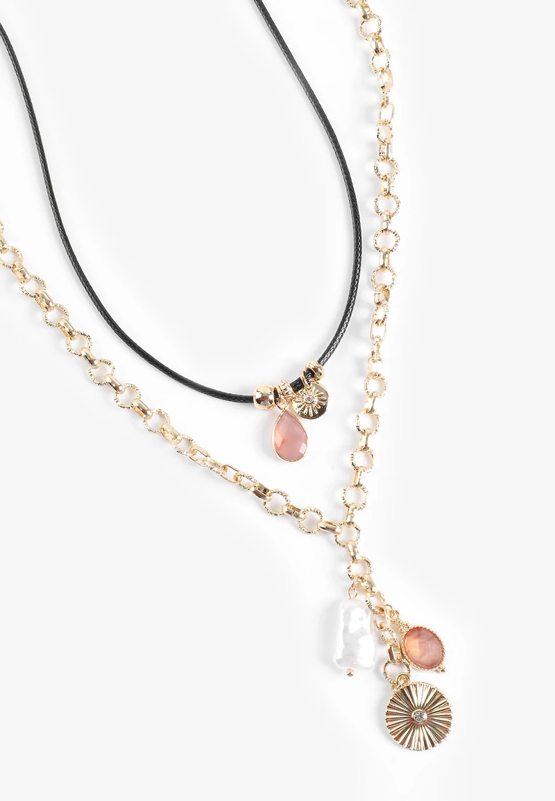 Pink Stone And Pearl Charm Double Layer Necklace
