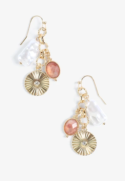 Pink Stone And Pearl Charm Drop Earrings