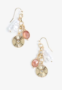Pink Stone And Pearl Charm Drop Earrings