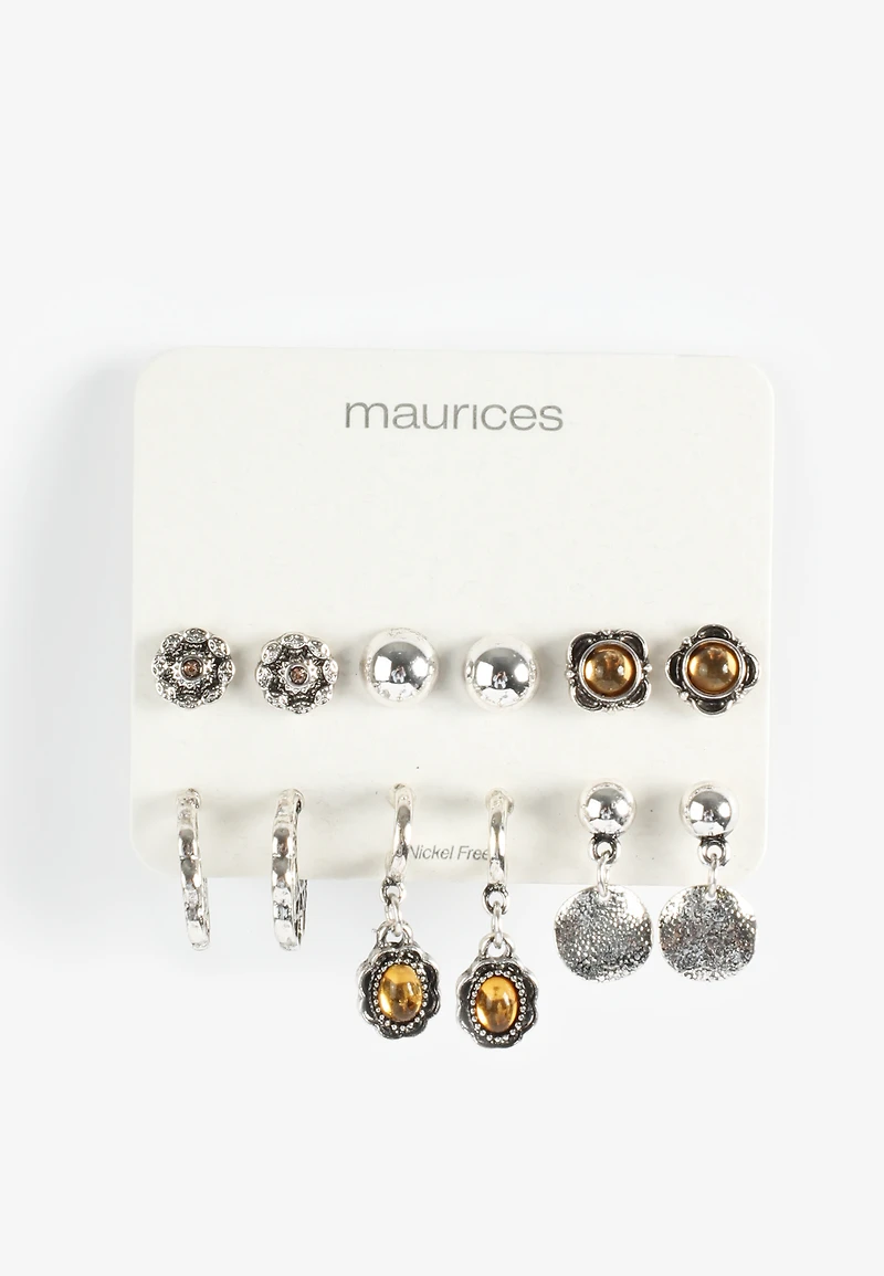 Silver And Brown Mixed Earring Set