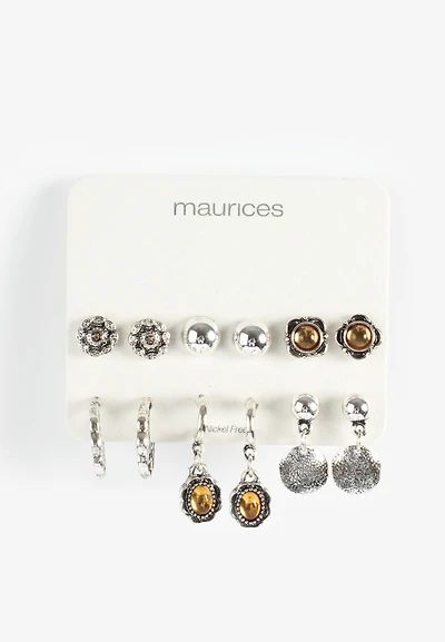 Silver And Brown Mixed Earring Set