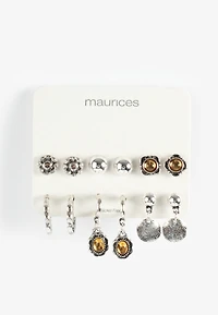 Silver And Brown Mixed Earring Set