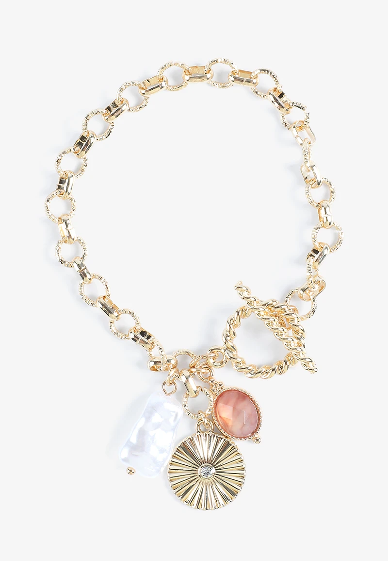 Pink Stone And Pearl Charm Bracelet