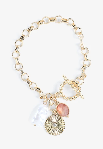 Pink Stone And Pearl Charm Bracelet